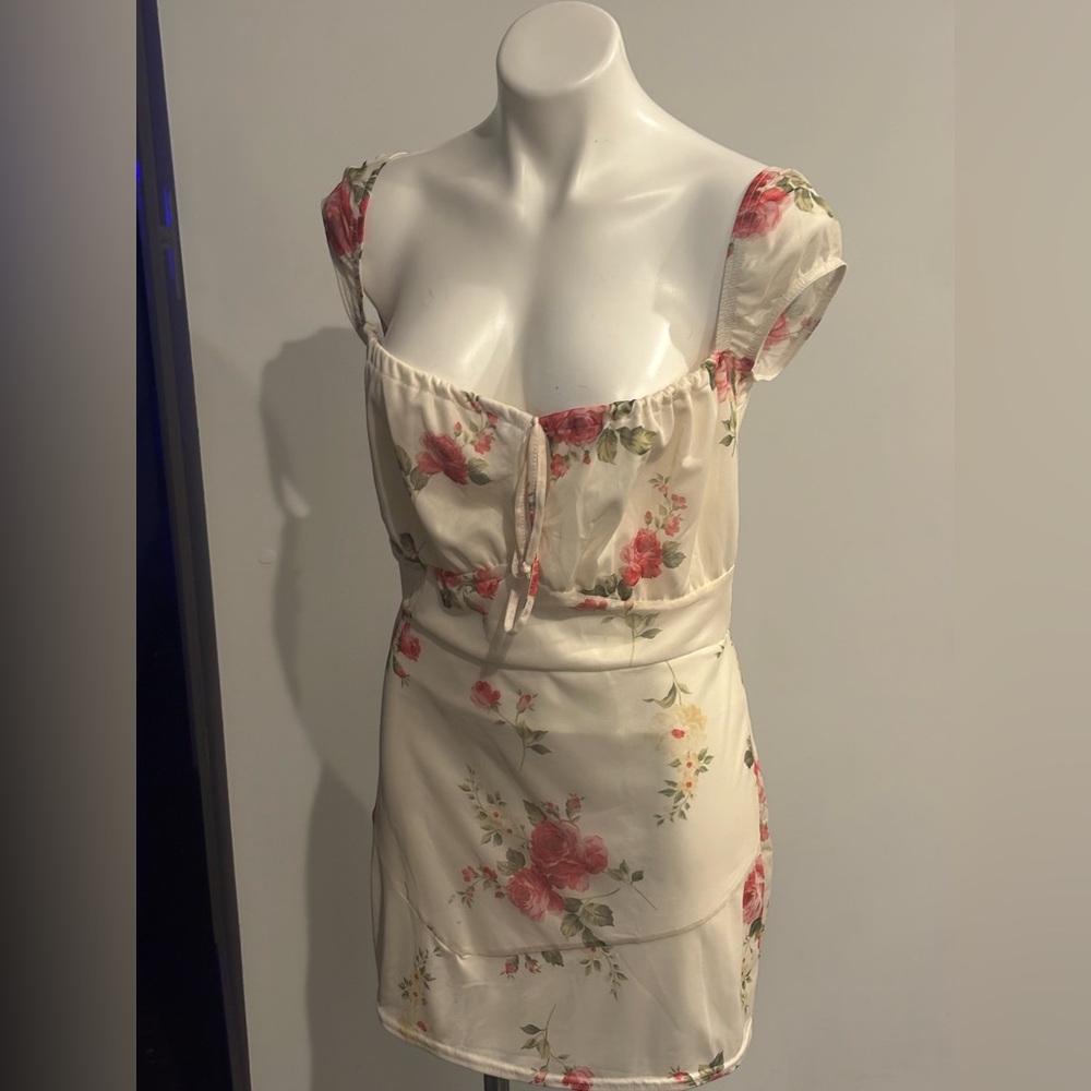 PrettyLittleThing Cream and Pink Floral Mesh Cap Sleeve Mini Dress